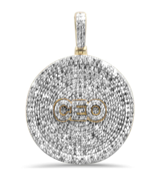 .81CT G SI 10KT Yellow Gold Diamond Micro Pave Iced Out "CEO" Disc Charm Pendant