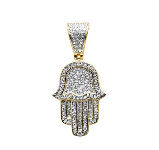 .27ct G SI 10K Yellow Gold Diamond Micro Pave Iced Out Hand Of Hamsa Charm Pendant